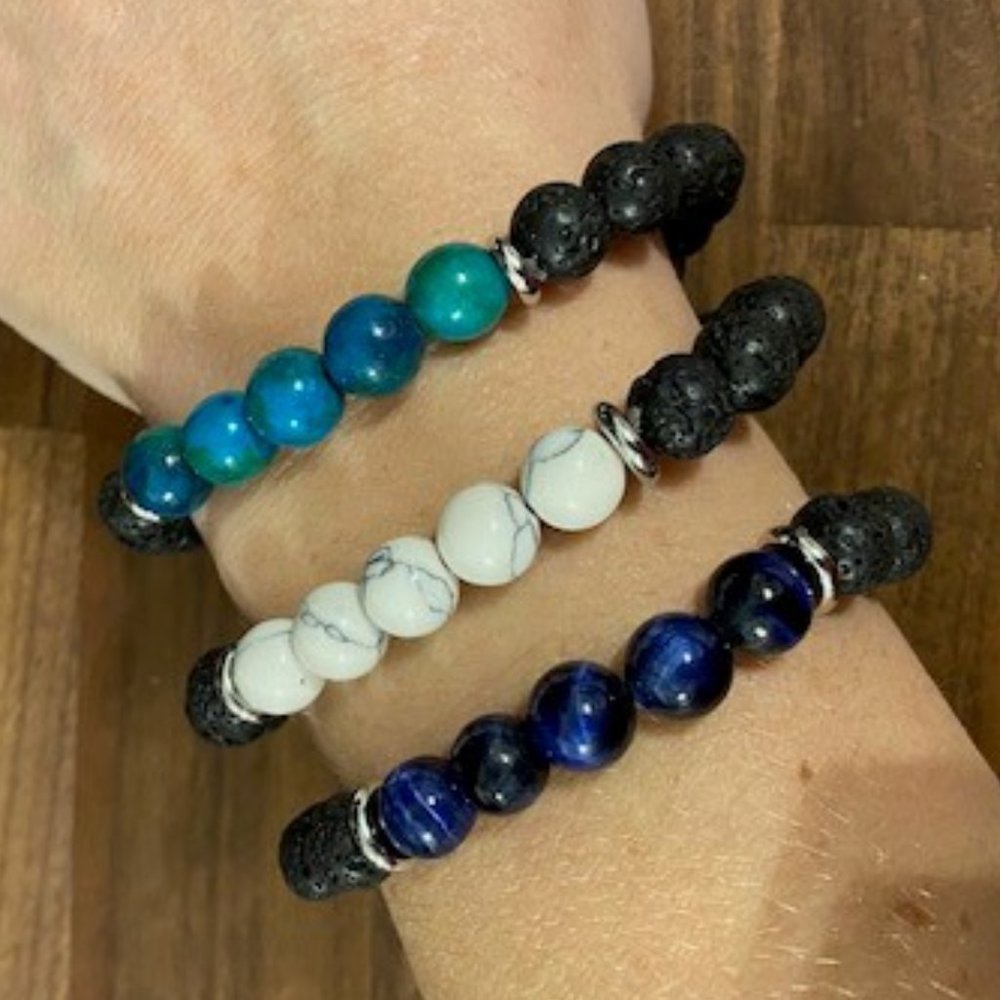 Set of Lava Rock Essential Oil Diffuser Bracelets, Elastic.  Blue, Green & White